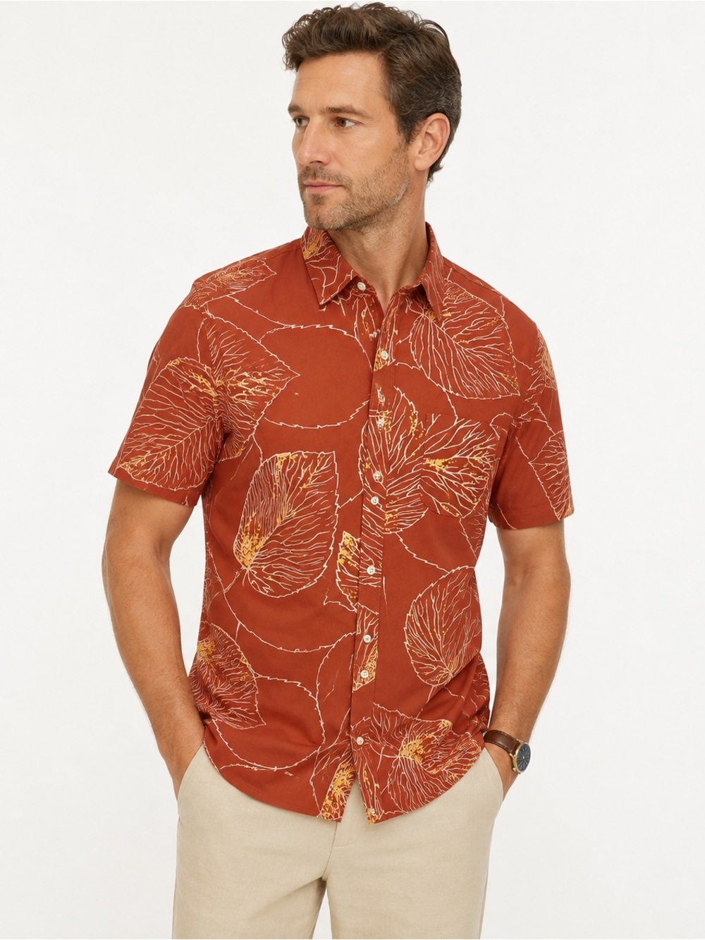 J Crew Secret Wash Organic Cotton Stretch Leaf Print Button Shirt XL Classic